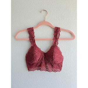 Aerie Red Floral Boho Lace Triangle Longline Bralette with Lined Cups size XS/S